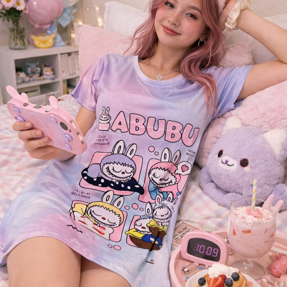 🎀 ABUBU Pastel Bunny T-Shirt Dress | Kawaii Cartoon Sleep Dress
